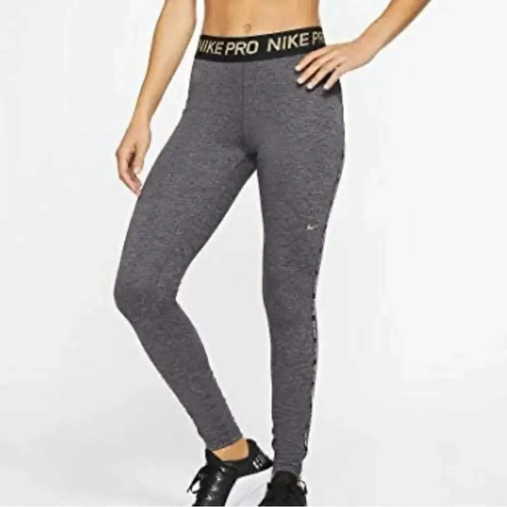 NIKE PRO Gray Warm Dri-Fit Mid Rise Gold Glitter Active‎ Yoga Leggings Size XS